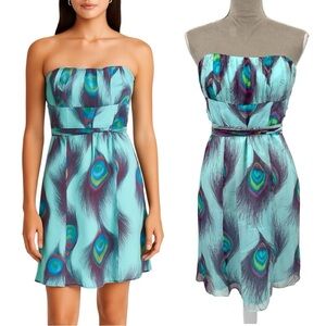 Nanette Lepore Peacock Print Shirred Strapless Silk Dress - Light Blue - Size 4